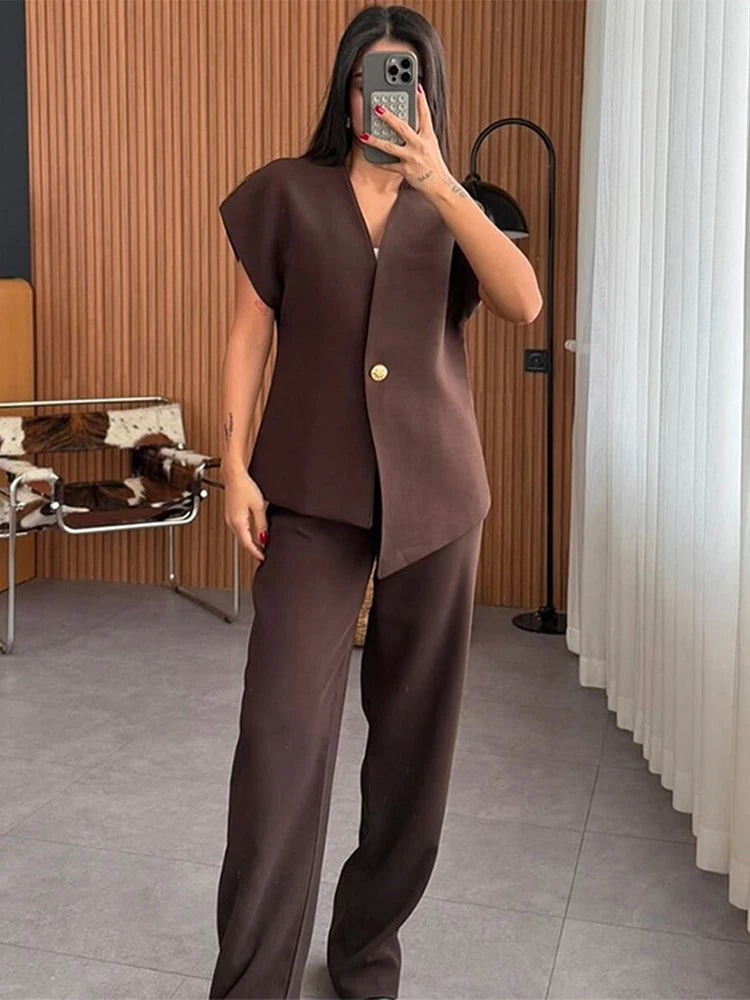 Casual Women's Trouser Suit Single Button Blazer High Waist Wide Leg Pants Lady Suits 2025 Spring Summer 2 Pieces Set Women