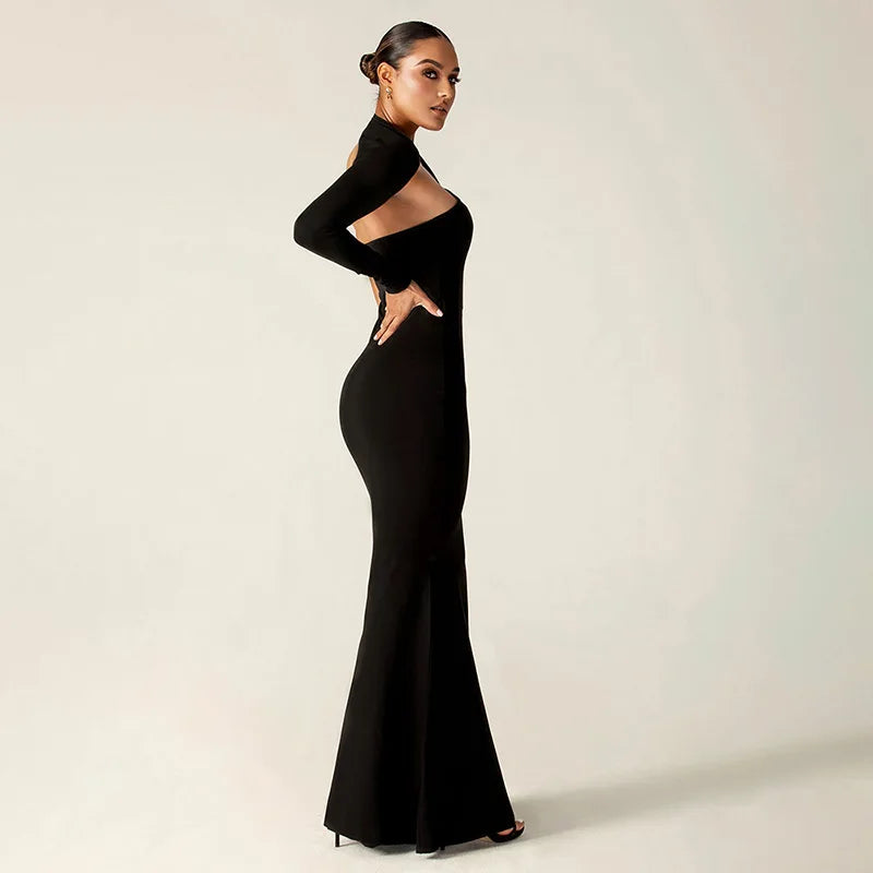 Cryptographic Fashion One Shoulder Split Maxi Dress for Women Elegant Club Outfits for Women Long Sleeve Vestido Dresses Gown