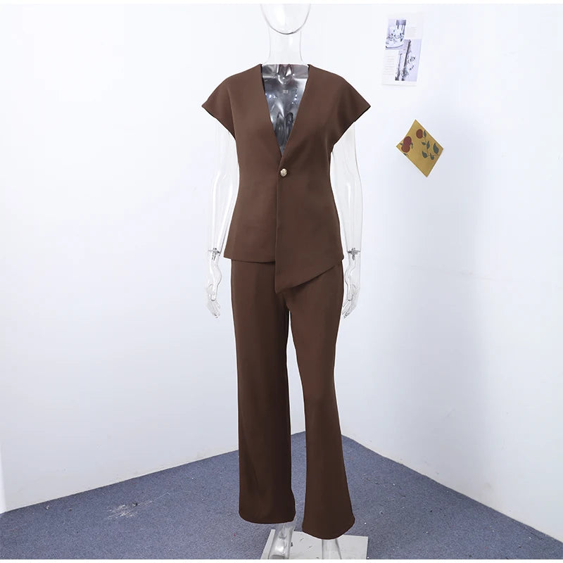 Casual Women's Trouser Suit Single Button Blazer High Waist Wide Leg Pants Lady Suits 2025 Spring Summer 2 Pieces Set Women