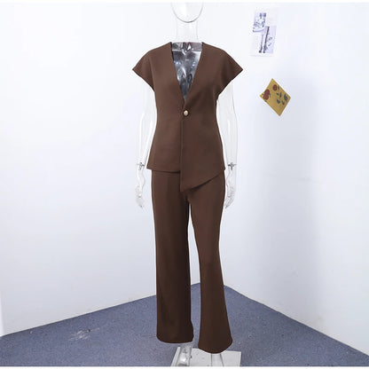 Casual Women's Trouser Suit Single Button Blazer High Waist Wide Leg Pants Lady Suits 2025 Spring Summer 2 Pieces Set Women