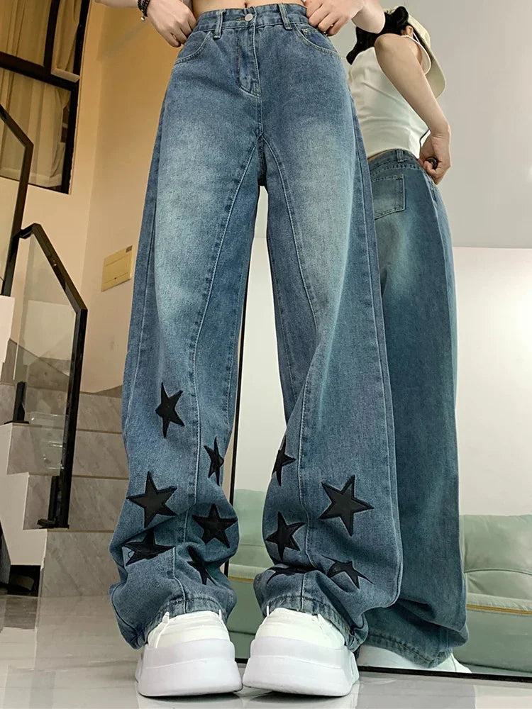 Woman Men American Retro Jeans High Waist Straight Wide Leg Denim Pants High Street Unisex Punk Washed Oversized Loose Trousers