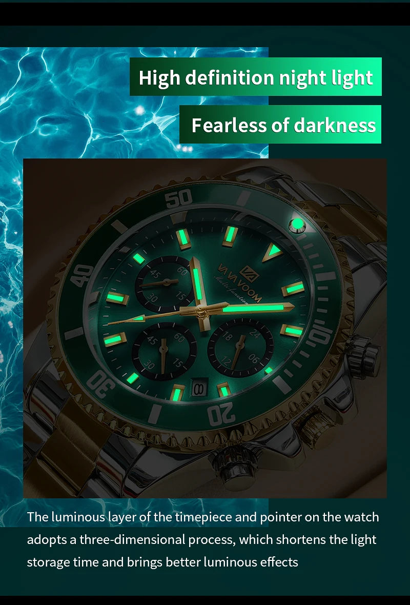 Multifunctional Mens Quartz Watch Luxury Water Night Glow Business Style Diver Series Stainless Steel Leisure Fashion Wristwatch