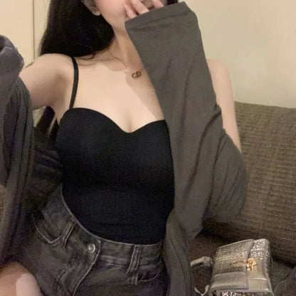 Summer Sexy Top Women Slim Thin Straps Camisole Sleeveless T-Shirt with Cups Solid Color Tank Tops Ice Silk Comfortable Sling
