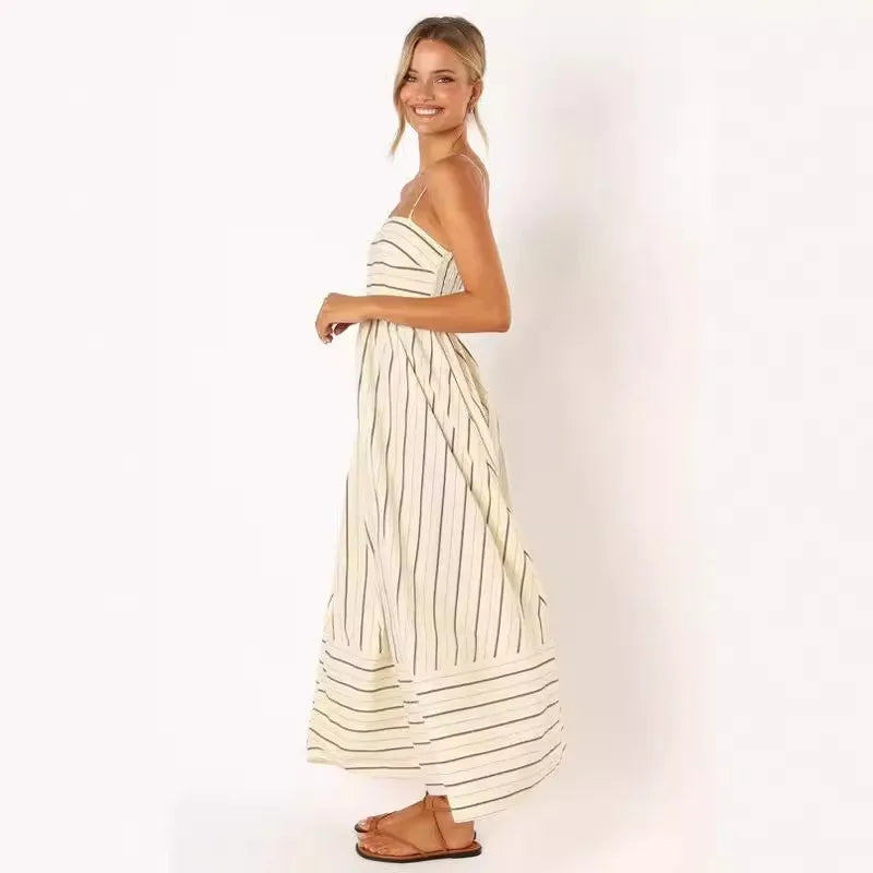 Fashion Stripe Slip Maxi Dress Women 2024 New Elegant Sleeveless Slash Neck Suspender Beach Dress Females Holiday Party Vestidos