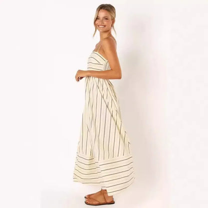 Fashion Stripe Slip Maxi Dress Women 2024 New Elegant Sleeveless Slash Neck Suspender Beach Dress Females Holiday Party Vestidos
