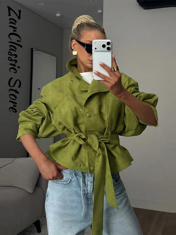 Autumn Women's Green Suede Short Jacket Loose Lapel Zipper Long Sleeve Bomber Coat Female 2025 New Lady High Street Outwears