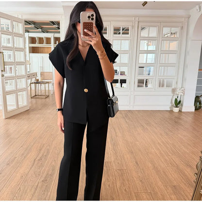 Casual Women's Trouser Suit Single Button Blazer High Waist Wide Leg Pants Lady Suits 2025 Spring Summer 2 Pieces Set Women