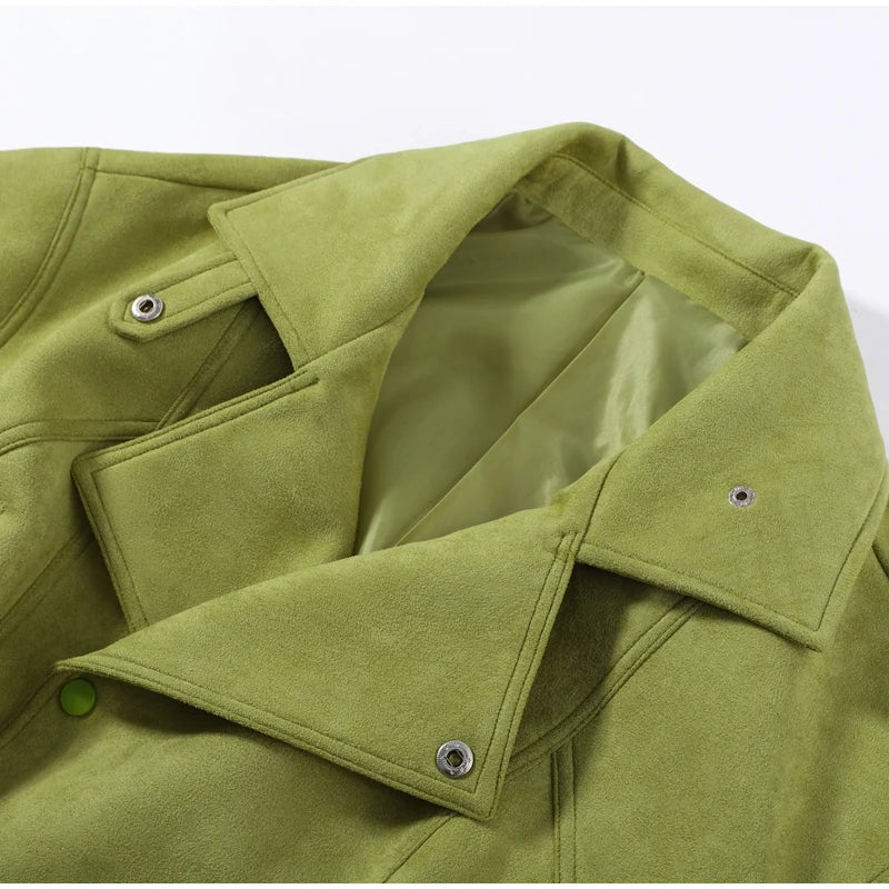 Autumn Women's Green Suede Short Jacket Loose Lapel Zipper Long Sleeve Bomber Coat Female 2025 New Lady High Street Outwears