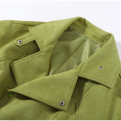 Autumn Women's Green Suede Short Jacket Loose Lapel Zipper Long Sleeve Bomber Coat Female 2025 New Lady High Street Outwears