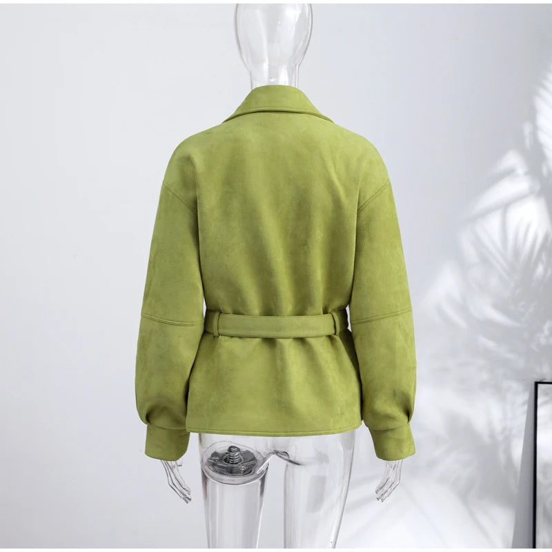 Autumn Women's Green Suede Short Jacket Loose Lapel Zipper Long Sleeve Bomber Coat Female 2025 New Lady High Street Outwears