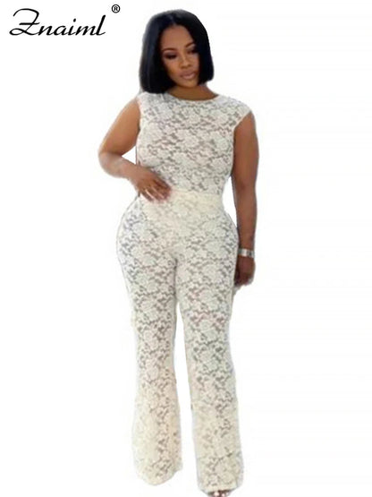 Znaiml Lace See Through Sexy Party Two Piece Set Sleeveless Bodysuits Top and Wide Leg Pants Women Summer Night Club Outfits