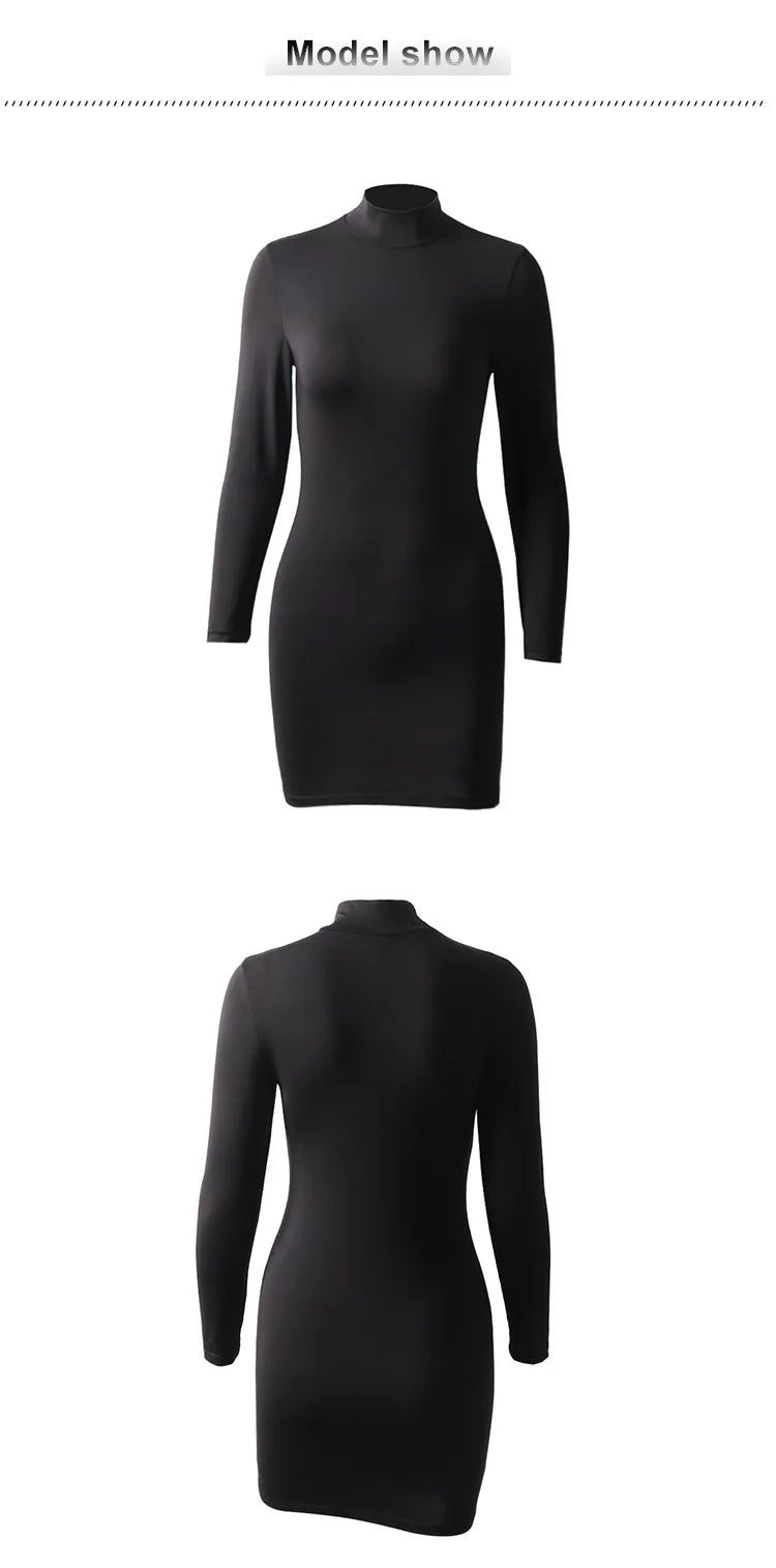Sexy Wrap Chest High Neck Long Sleeves Slim Bodycon Dress Women Skinny Girdling Waist Mini Dress Elegant  Club Party Vestidos