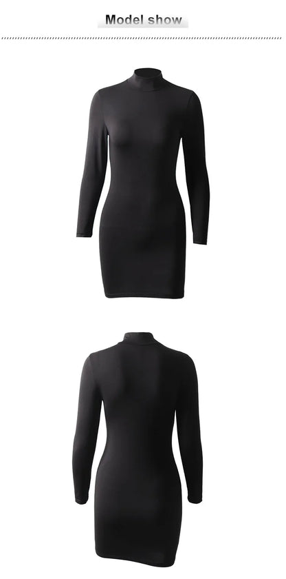 Sexy Wrap Chest High Neck Long Sleeves Slim Bodycon Dress Women Skinny Girdling Waist Mini Dress Elegant  Club Party Vestidos