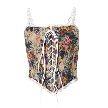 Women Retro Jacquard Corset Lace Floral Trim Bandage Bustier Crop Tops Boat Neck Irregular Camisole Tank Tops Female