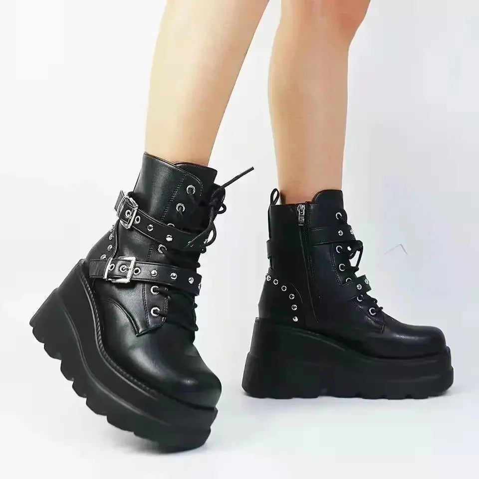 New Women Pu Leather Ankle Booties Woman Autumn Winter Round Toe Lace Up Shoes Woman Motorcycle Platform Gothic Boots Cosplay