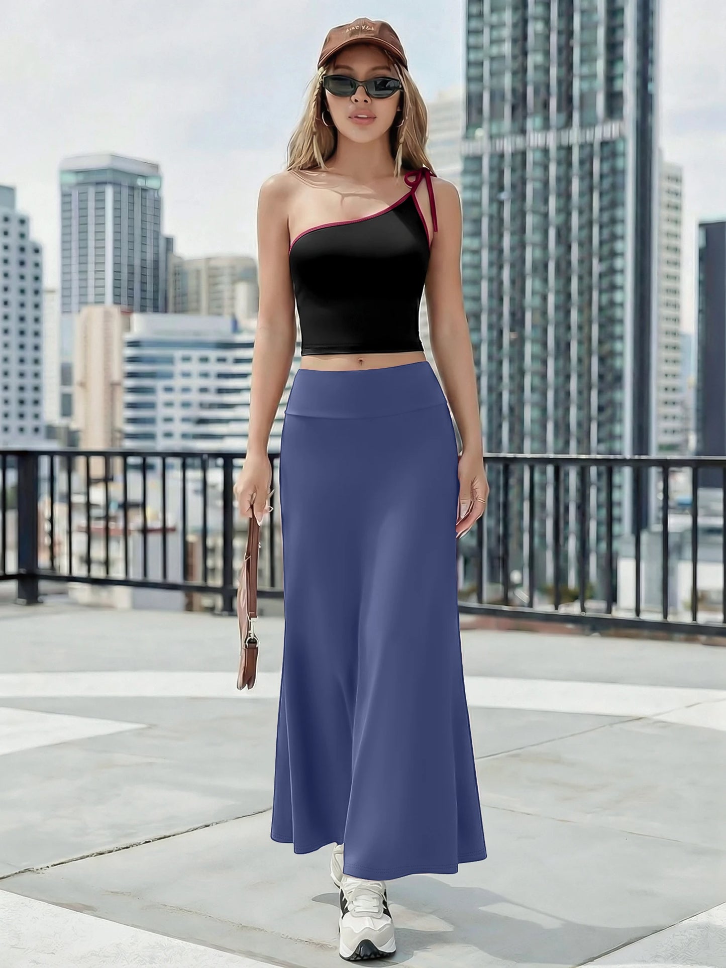 Summer Sexy One Shoulder Crop Top Maxi Skirt Set Women High Waist Slim Fit 2 Piece Outfit For Date Night