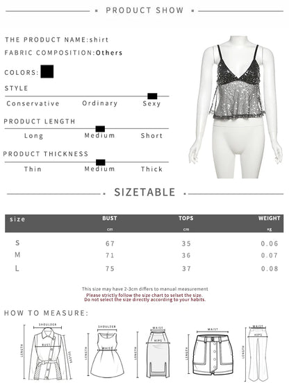 kliou Mesh Sequins Women Tops Summer Thin Shiny V-neck Backless Ruffle Trim Crop Camis Female Popular Hipster Sexy Streetwear