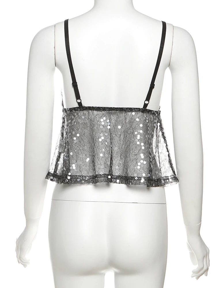 kliou Mesh Sequins Women Tops Summer Thin Shiny V-neck Backless Ruffle Trim Crop Camis Female Popular Hipster Sexy Streetwear