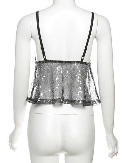 kliou Mesh Sequins Women Tops Summer Thin Shiny V-neck Backless Ruffle Trim Crop Camis Female Popular Hipster Sexy Streetwear