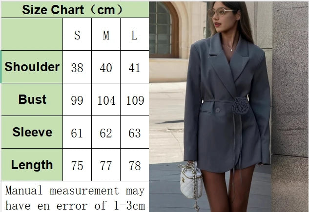 FSMG Fashion 3D Flower Belt Loose With Pockets Long Sleeve Coat Elegant Notch Collar Single Button Blazers Casual Office Jacket