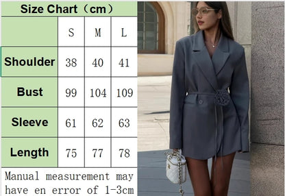 FSMG Fashion 3D Flower Belt Loose With Pockets Long Sleeve Coat Elegant Notch Collar Single Button Blazers Casual Office Jacket