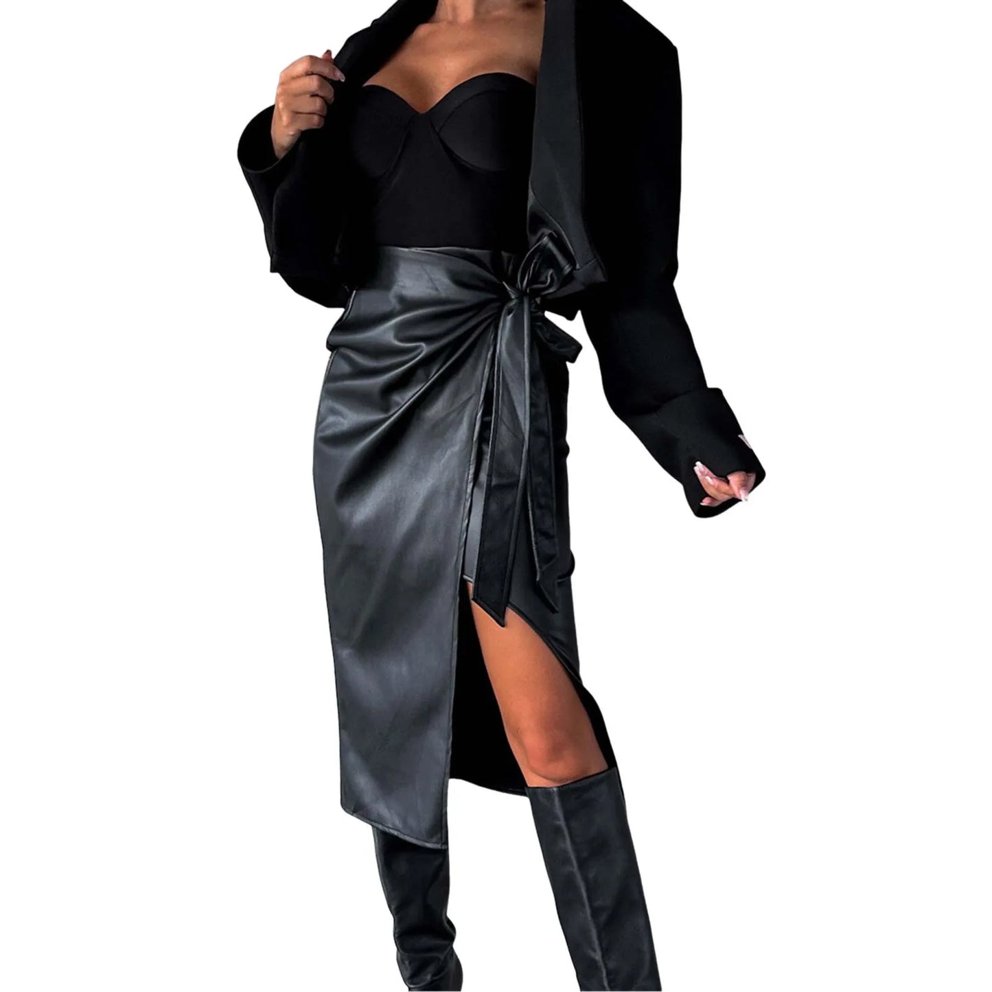 2024 New Women'S Pu Leather Skirt Fashion Office Ladies Irregualer High Waist Slim Midi Length Women'S Skirts Female