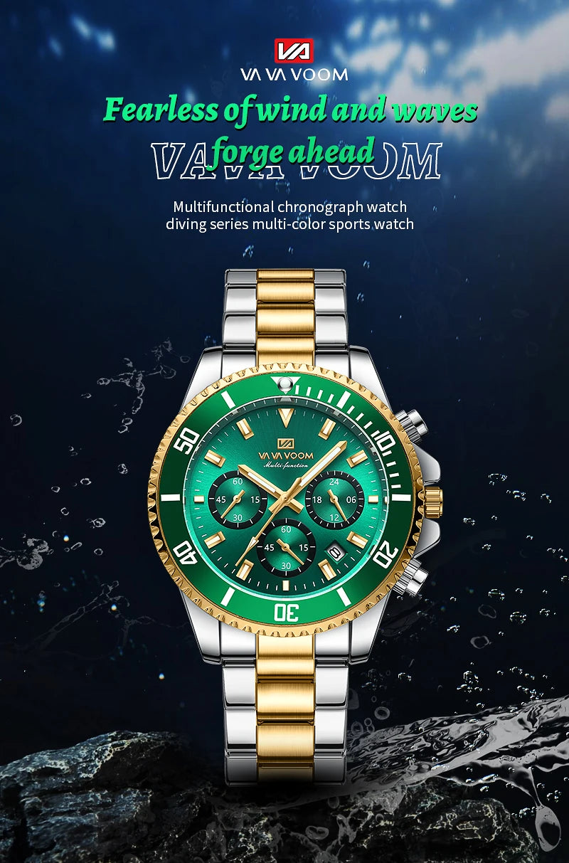 Multifunctional Mens Quartz Watch Luxury Water Night Glow Business Style Diver Series Stainless Steel Leisure Fashion Wristwatch