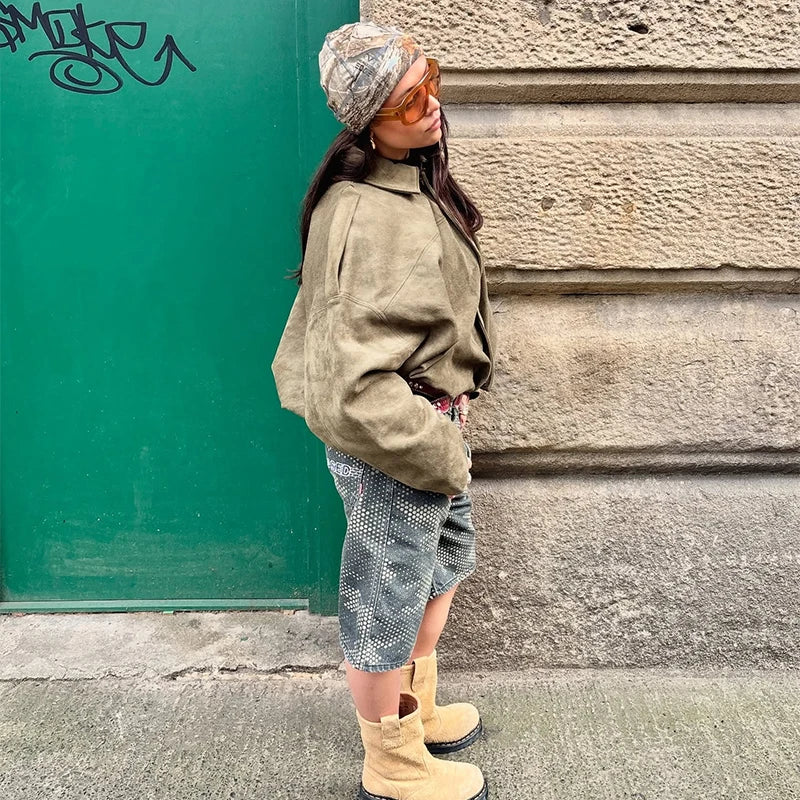 Autumn Women's Green Suede Short Jacket Loose Lapel Zipper Long Sleeve Bomber Coat Female 2025 New Lady High Street Outwears