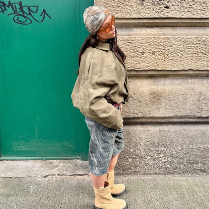 Autumn Women's Green Suede Short Jacket Loose Lapel Zipper Long Sleeve Bomber Coat Female 2025 New Lady High Street Outwears
