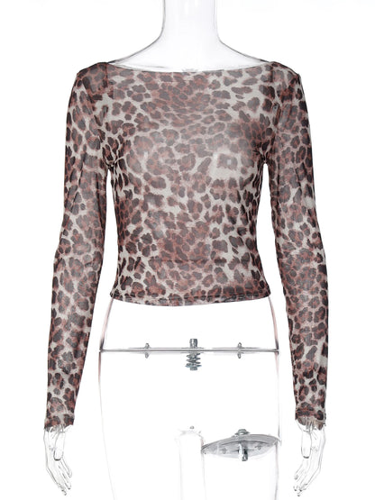 Dulzura Autumn Fashion Sexy Off Shoulder Long Sleeve Slim Leopard Print T-Shirt Women'S Casual Versatile Street Style Outfit Y2K