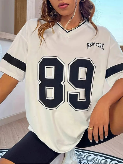 Summer Women T-shirts Number 89 Short Sleeve Trend 3D Print V-neck Sport Tees Streetwear Oversized Casual Fashion Female Top