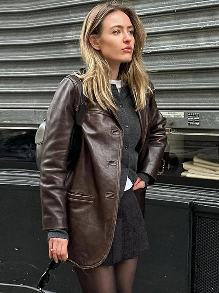 Brown Vintage Leather Jacket Lapel Breasted Pocket Women Commute Temperament Casual Suit PU Leather Coat Spring Autumn Blouse