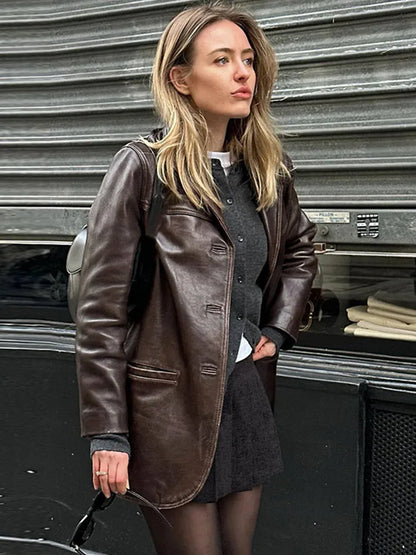 Brown Vintage Leather Jacket Lapel Breasted Pocket Women Commute Temperament Casual Suit PU Leather Coat Spring Autumn Blouse