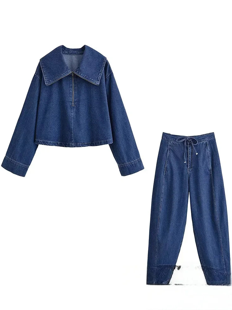 KONDALA Vintage Casual Chic Women Cowboy Suit Zipper Loose Jackets Long Pockets Pants Fashion 2025 Spring Summer Denim Suits