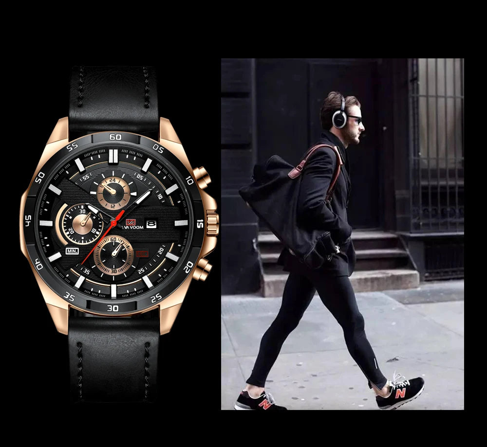 Top Men Watch Sports Style 46mm Large Leather Racing Style Casual Fashion Original Black Rose Gold Calendar Quartz Watch Relogio