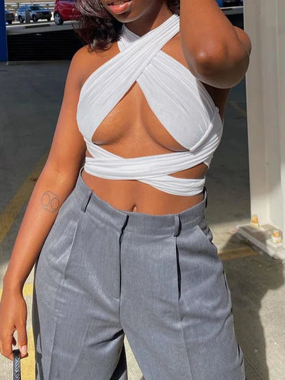 Women Strappy Cross Over Front Cut Out Halter Neck Sleeveless Backless Wrap Crop Top Bandage Vest Summer Sexy Tops Woman Clothes