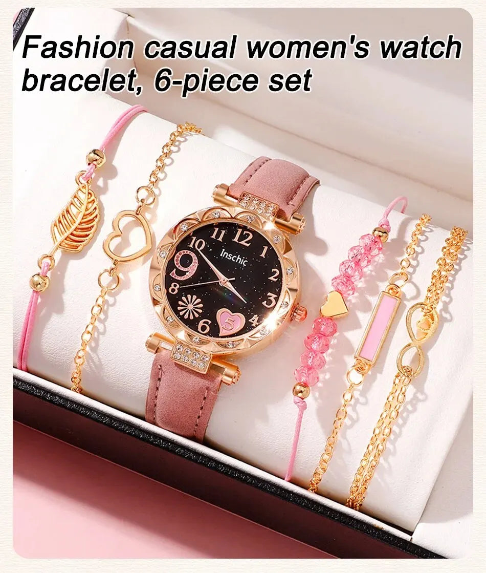 Women's Fashion Quartz Watch Luxury Pink Leather Band Analog WristWatch Ladies Watch Women Dress Bracelet Set Reloj Mujer Clock