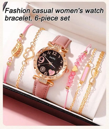 Women's Fashion Quartz Watch Luxury Pink Leather Band Analog WristWatch Ladies Watch Women Dress Bracelet Set Reloj Mujer Clock