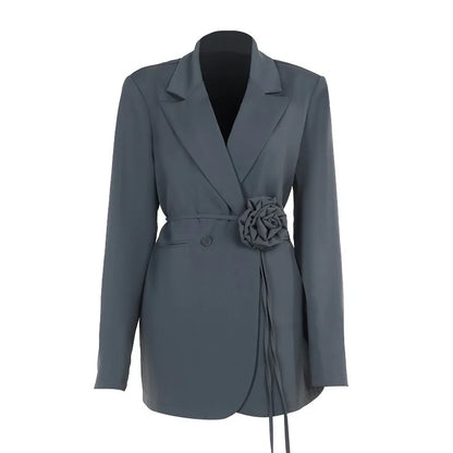 FSMG Fashion 3D Flower Belt Loose With Pockets Long Sleeve Coat Elegant Notch Collar Single Button Blazers Casual Office Jacket