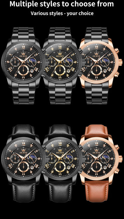 OLEVS 3660 Moon Phase Chronograph Luminous Men's Watches Leather Strap Waterproof Original Quartz Watch for Man Brand Wristwatch