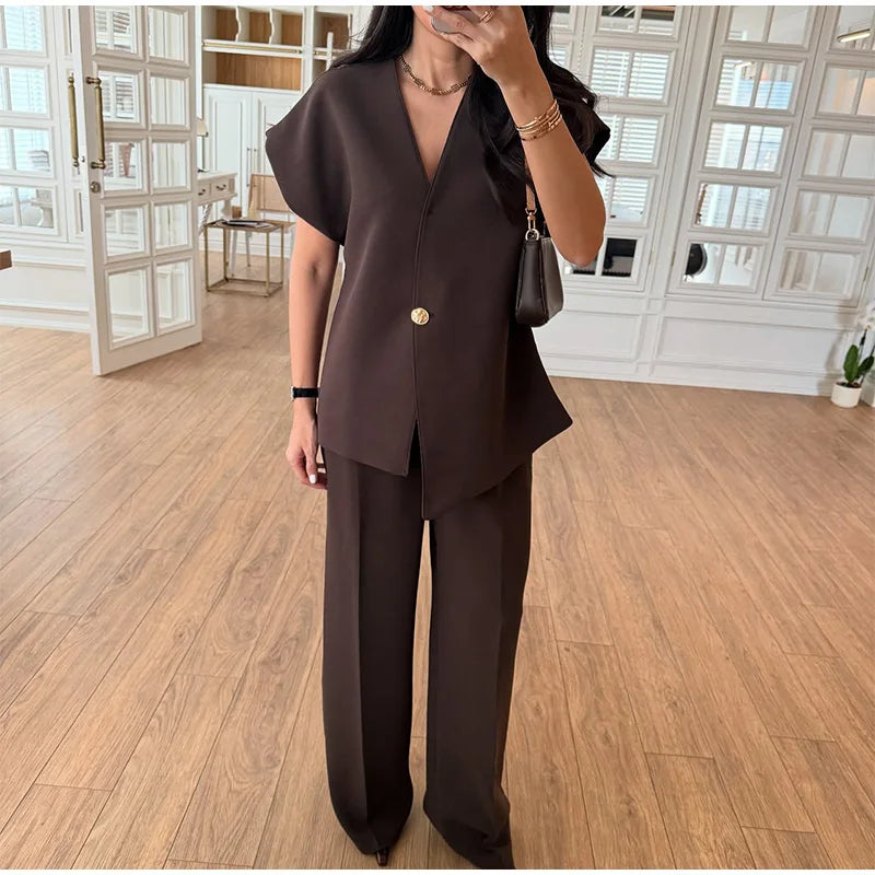 Casual Women's Trouser Suit Single Button Blazer High Waist Wide Leg Pants Lady Suits 2025 Spring Summer 2 Pieces Set Women