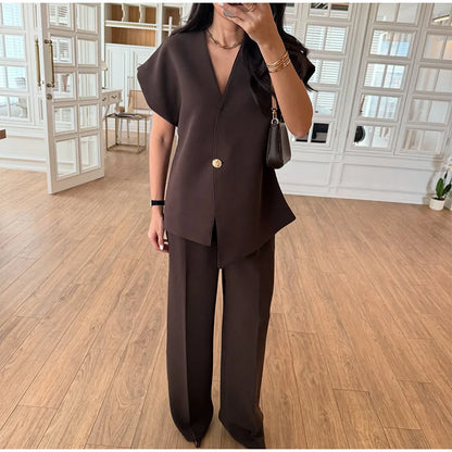 Casual Women's Trouser Suit Single Button Blazer High Waist Wide Leg Pants Lady Suits 2025 Spring Summer 2 Pieces Set Women