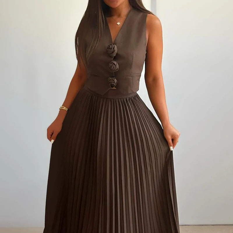 Elegant Temperament Slim Party Suit Office Simple Solid Color Pleated Outfits Ladies Sexy V Neck Rose Top and Long Skirt 2pc Set
