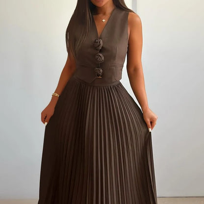 Elegant Temperament Slim Party Suit Office Simple Solid Color Pleated Outfits Ladies Sexy V Neck Rose Top and Long Skirt 2pc Set