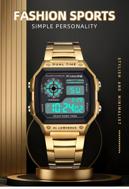PANARS Top Luxury Stainless Steel Strap Sport Watches Mens Waterproof Back Light Digital Wristwatch Male Alarm