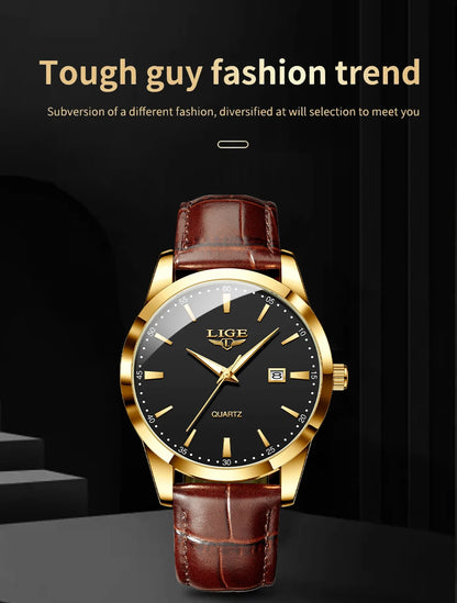 LIGE Mens Watches Top Brand Luxury Military Quartz Watch for Men Fashion Leather Waterproof Sports Chronograph Montre Homme+BOX