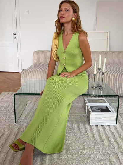 Trendix Knit Skirt Sets For Women Fashion V Neck Sleeveless Tank Top Vacation Beach Party Boho Elegant Knitwear Dress Sets 2025