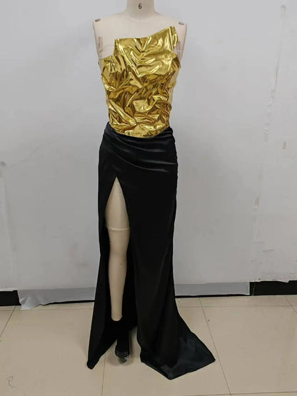 2024 New Arrival Women Gold Color Sexy Laced-up Tops 2 Pieces Bodycon Floor-Length Dress Celebrate Evening Party Prom Dress