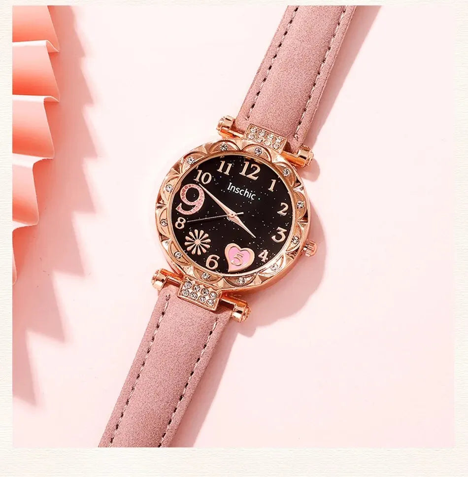 Women's Fashion Quartz Watch Luxury Pink Leather Band Analog WristWatch Ladies Watch Women Dress Bracelet Set Reloj Mujer Clock