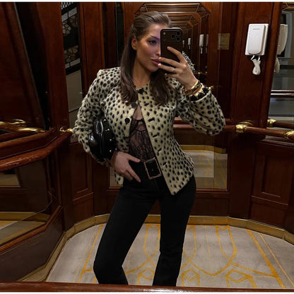 Leopard Print Cropped Jacket Round Neck Long Sleeve Button Front 2026 Spring Edgy Women Outerwear Fashion Chic Street Lady Coats